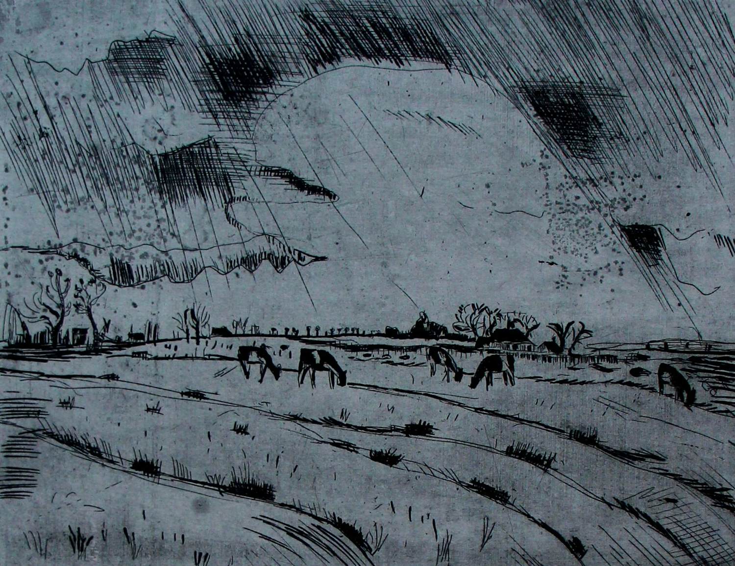 Jan Wiegers - Droge naald ets: Koeien in de regen kopen? Bied vanaf 95!