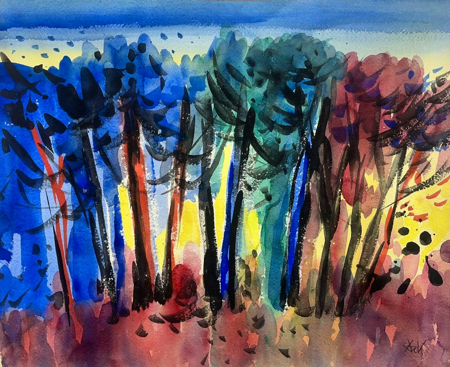 Andre van der Vossen - Bomenrij - expressionistisch kleurrijk werk kopen? Bied vanaf 195!