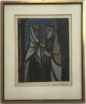 Jan Dijker - Twee Vrouwen | goed bewaarde aquarel/tekening (1953) - ingelijst kopen? Bied vanaf 55!