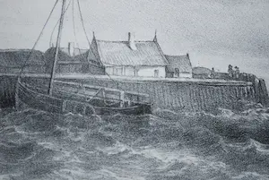 Adolf Carel Nunnink - een beurtschip loopt een haven binnen - Litho naar A. Waldorp - fraaie lijst kopen? Bied vanaf 65!