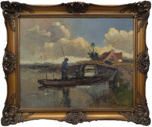Frans Hoos - Olieverf op doek, Landschap met bootje - Ingelijst kopen? Bied vanaf 150!