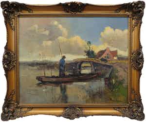 Frans Hoos - Olieverf op doek, Landschap met bootje - Ingelijst verkocht voor € 150!