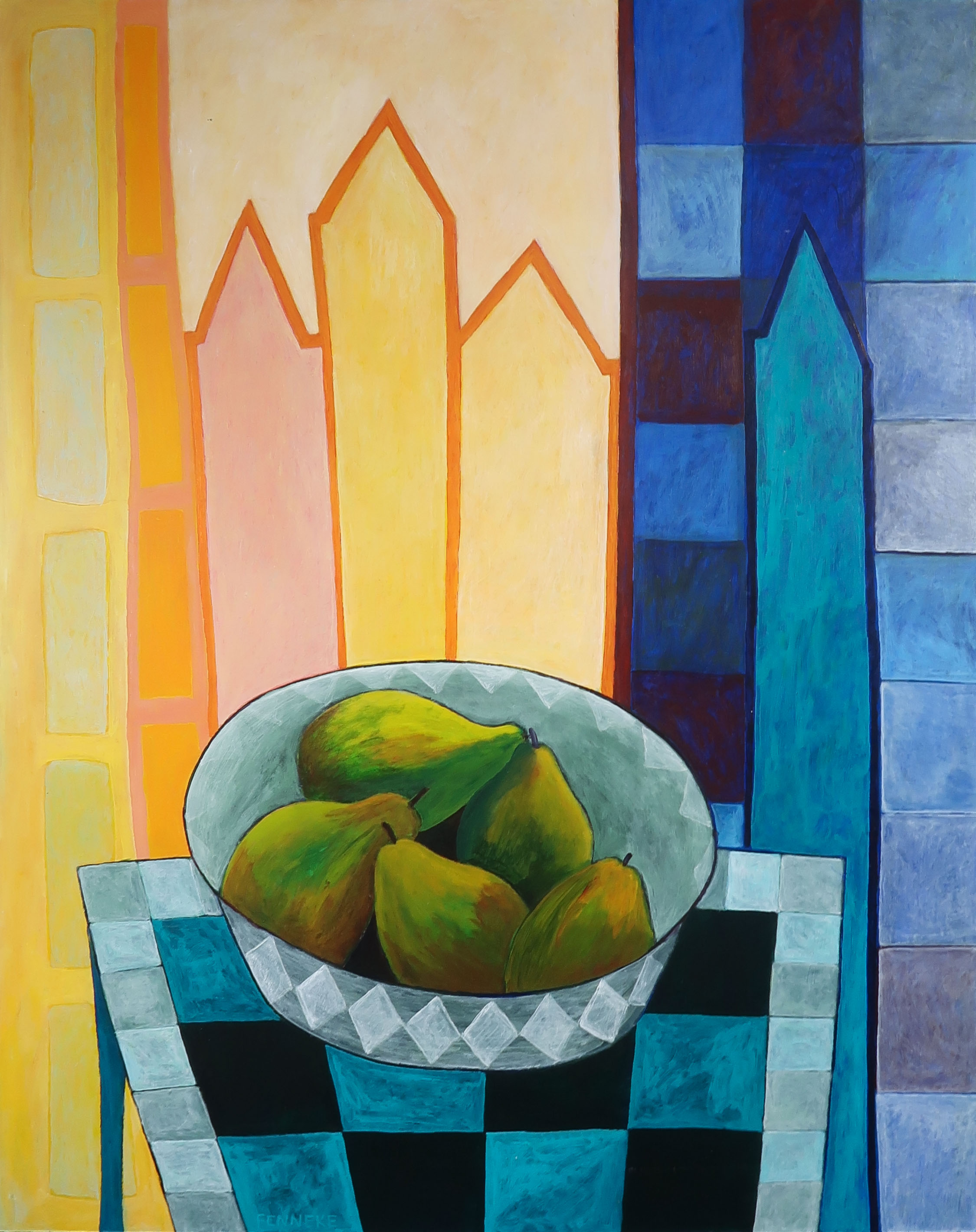 Fenneke van der Elst - Acryl op board, Schaal met peren - Ingelijst (Groot) kopen? Bied vanaf 100!