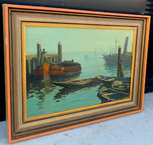 Ad Blok van der Velden - Ingelijste olieverf: Texels havengezicht kopen? Bied vanaf 1000!