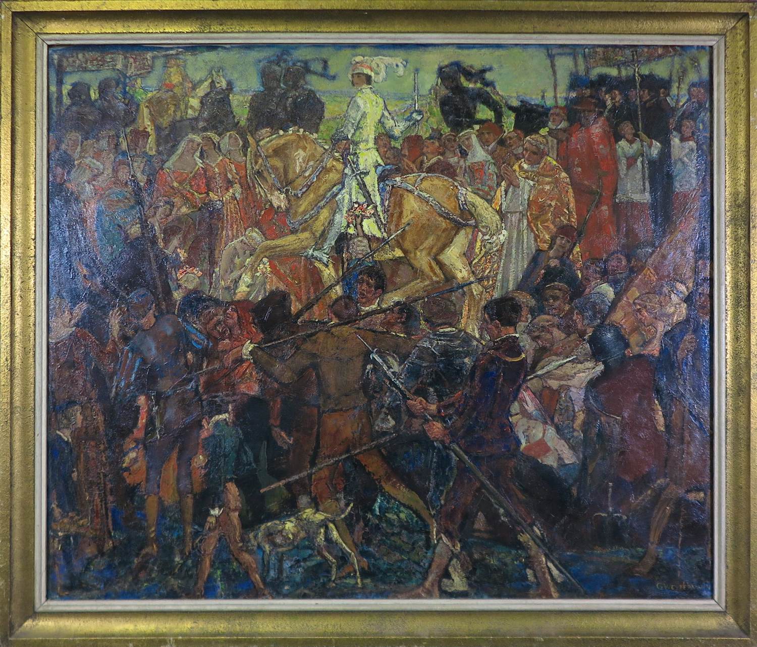 Gerard Westermann - Olieverf op doek, Jeanne d'arc met entourage - Ingelijst verkocht voor € 200!