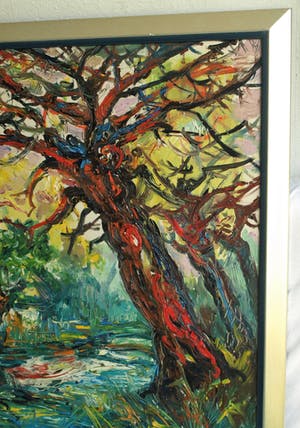 Hasan Djaafar - Ingelijst, olieverf op doek op board (marouflé), “Rode boom” – Groot - 93 x 73 kopen? Bied vanaf 300!