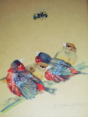 Karl Schicktanz - Aquarel - Vogeltjes op stok met Bij kopen? Bied vanaf 60!