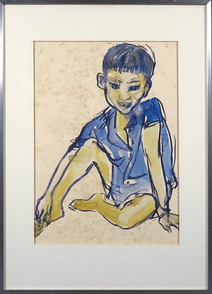 Piet van Mook - Aquarel op papier, Zittend jongentje - Ingelijst kopen? Bied vanaf 1!