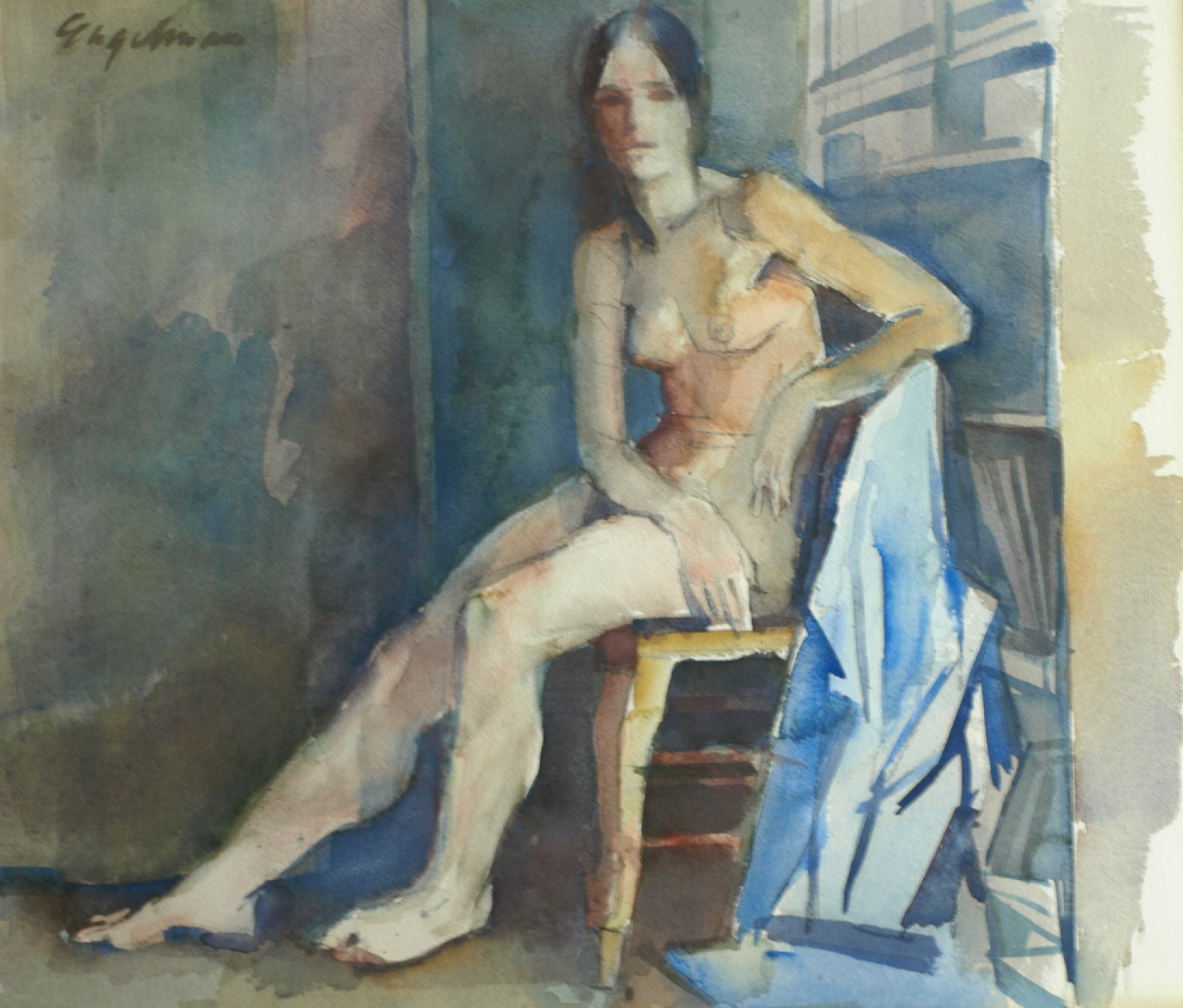 Jan Engelman - Aquarel , Naakte vrouw op een stoel – gesigneerd & ingelijst – ca 1970 verkocht voor € 100!