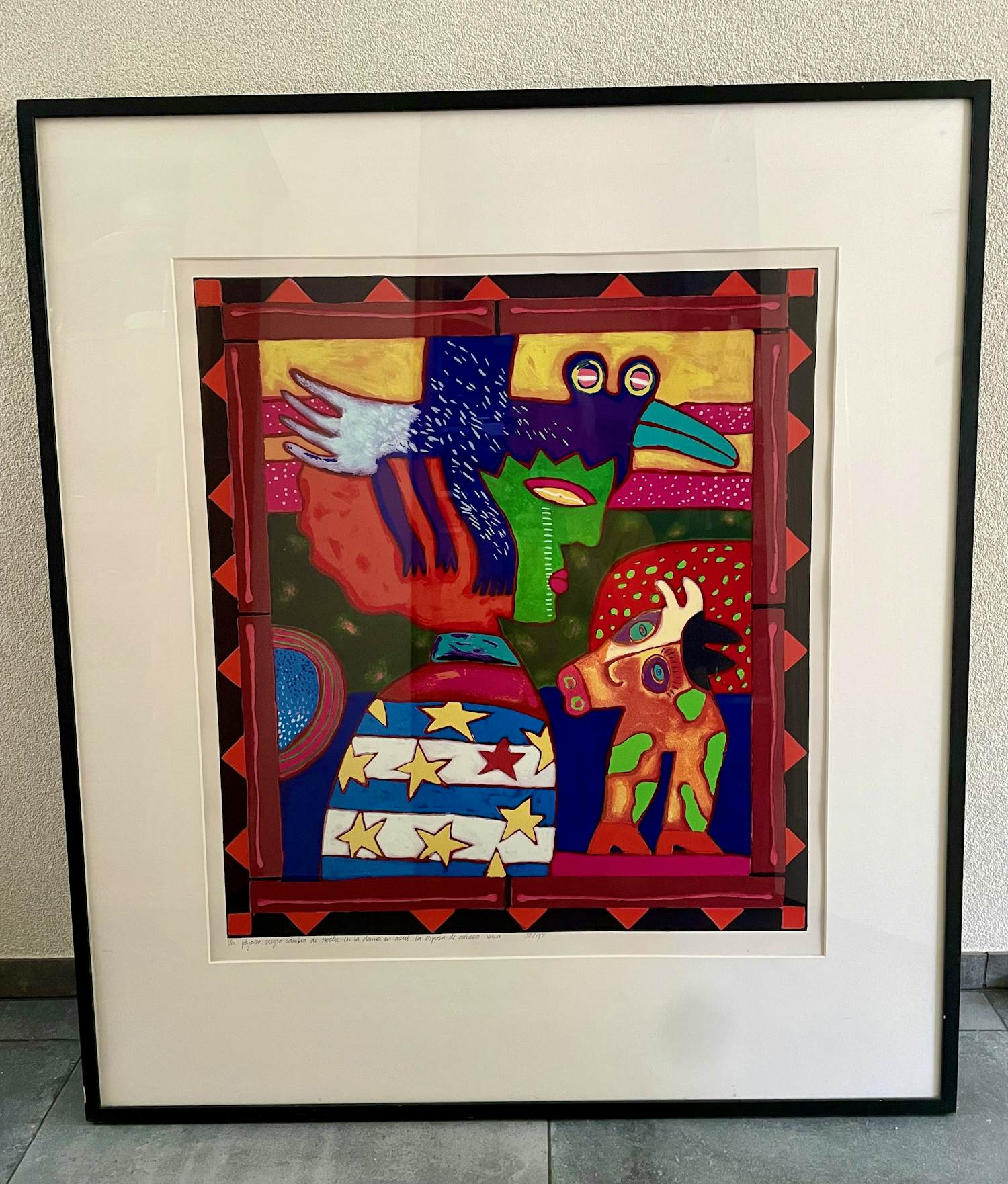 Clemens Briels - Zeefdruk Nr. 52 - Un pajaro negro cambia de noche - Ingelijst verkocht voor € 150!