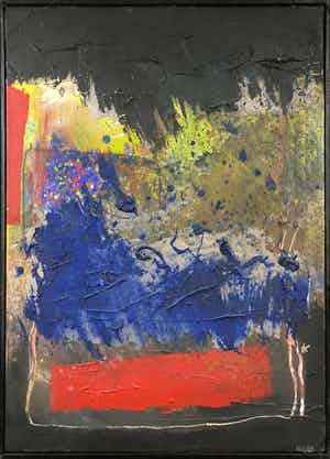 Frans Nicolai - Gemengde techniek op doek, Zwart, blauw en rood - Ingelijst verkocht voor € 100!