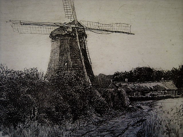 Henri Koetser - Sfeervolle Droge naald Ets "Molen en graanveld" gesigneerd. kopen? Bied vanaf 1!