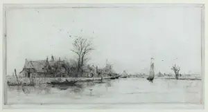 Philip Zilcken - Ets op dungeschept papier, Huizen langs het water - Ingelijst kopen? Bied vanaf 20!