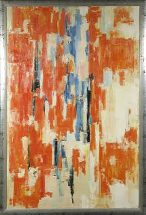 Adine Engelman - Olieverf op doek, Abstracte compositie in oranje en blauw - Ingelijst (Groot) verkocht voor € 1!