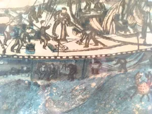 Francoise Deberdt - (1934) gedetailleerde kleurenets, 'fantoomschepen op zee' kopen? Bied vanaf 85!