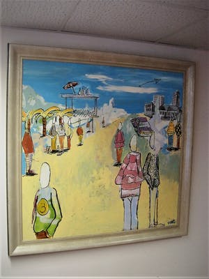 Niet of onleesbaar gesigneerd - Vrolijk modern Acryl/Doek schilderij "Strandgezicht" gesigneerd en GROOT!! kopen? Bied vanaf 1!