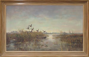 Hans Lenteman - Olieverf op doek, Oevergezicht met opvliegende eenden - Ingelijst (Groot) kopen? Bied vanaf 100!