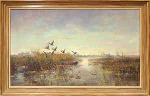 Hans Lenteman - Olieverf op doek, Oevergezicht met opvliegende eenden - Ingelijst (Groot) verkocht voor € 100!