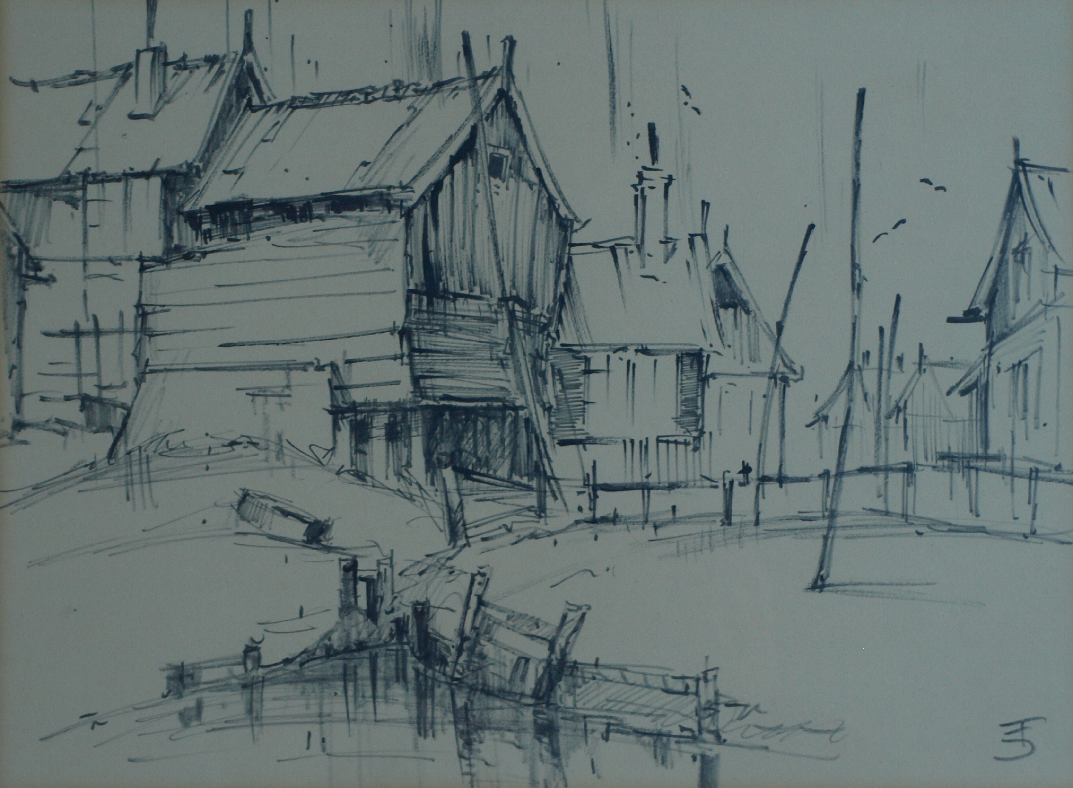 Niet of onleesbaar gesigneerd - Tekening , Dorpje – gesigneerd & ingelijst – ca 1964  kopen? Bied vanaf 1!