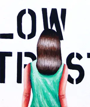 Gerard Boersma - High Tech, Low Trust (vrouw met schilderij geïnspireerd door Christopher Wool) kopen? Bied vanaf 125!