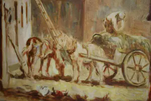 Jacques van Mourik - Binnenplaats met paarden - groot olieverfschilderij kopen? Bied vanaf 295!