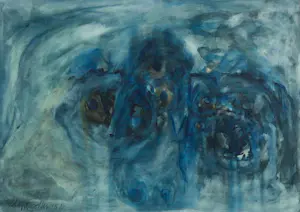 Buy Gerard Schaperkotter - 2 x Aquarel op papier, Aquarel in blauw en in rood/oranje - Ingelijst? Bid from 50!