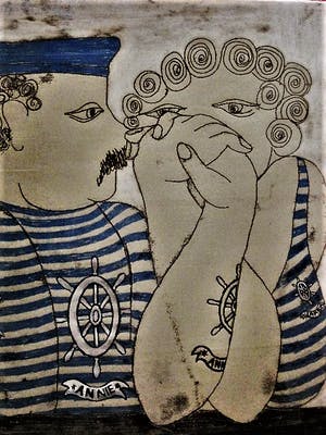 Jan Campfens - Grote Gouache/Pastel/Houtskool - Annie&Jaap - in originele 70's lijst. kopen? Bied vanaf 89!