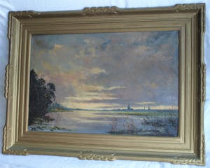 Niet of onleesbaar gesigneerd - Olieverf op doek, Hollands landschap met lucht en water - gesigneerd & ingelijst kopen? Bied vanaf 10!