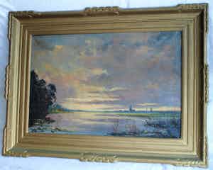 Niet of onleesbaar gesigneerd - Olieverf op doek, Hollands landschap met lucht en water - gesigneerd & ingelijst verkocht voor € 10!