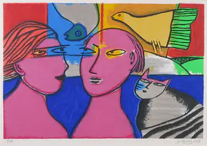 Corneille - Zeefdruk, Figuren met kat en vogels - Ingelijst kopen? Bied vanaf 250!