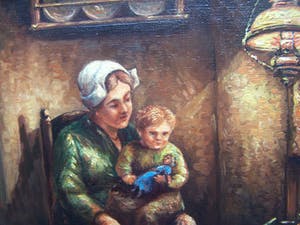 Dirk Kubbe - Boereninterieur met moeder kind. kopen? Bied vanaf 50!