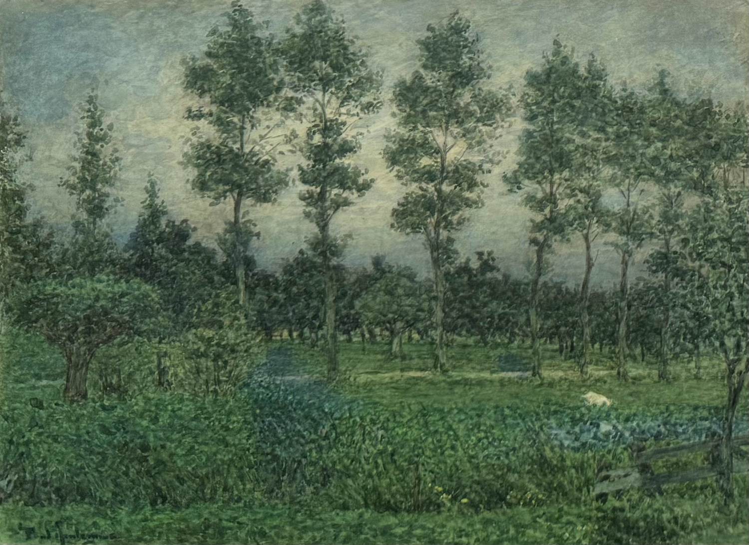 Paul Arntzenius - handgesigneerde aquarel | 'Laan met bomen' (POINTILLISTISCH WERK) kopen? Bied vanaf 600!