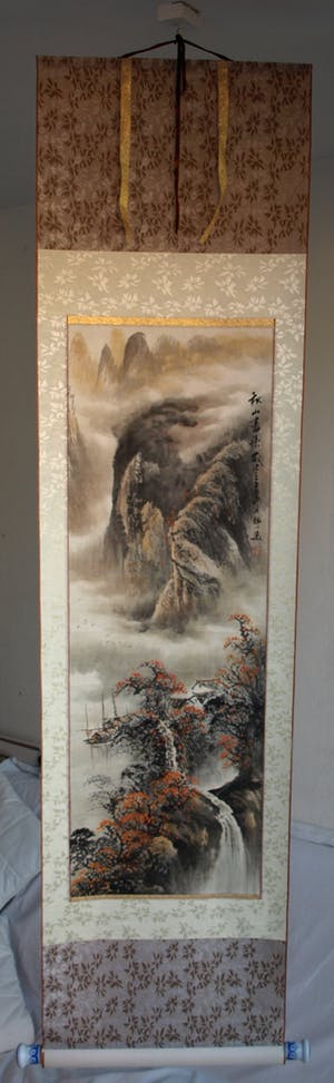 Niet of onleesbaar gesigneerd - Japanse scroll, “Waterval” - Aquarelverf + inkt + porselein - vroeg 20e Eeuw kopen? Bied vanaf 1!