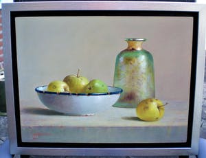 Hans Habraken - Stilleven oude fles en emaillen schaal appels kopen? Bied vanaf 450!