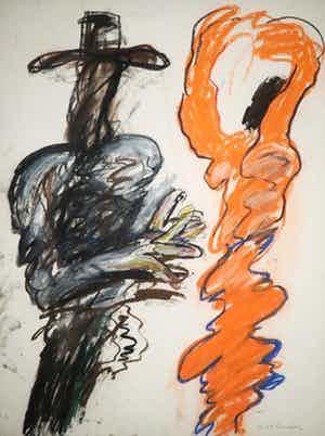 Anton Martineau - Krijttekening, Zanger en danseres in oranje jurk (Groot) verkocht voor € 70!