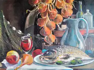 Niet of onleesbaar gesigneerd - Fraai stilleven met uien en vis verkocht voor € 1!