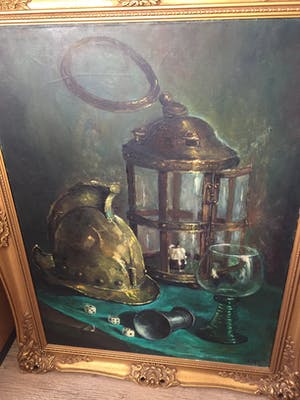 Jan N Leupe - Stilleven met wijnglas, dobbelstenen, lantaarn en helm kopen? Bied vanaf 75!