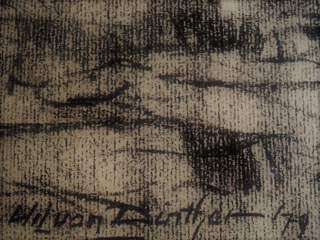 Wil van Dinther - Sterk impressionistisch Houtskool "Brabants landschap met hooimijten" gesigneerd kopen? Bied vanaf 1!