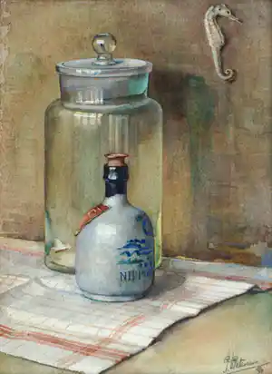 Niet of onleesbaar gesigneerd - Ingelijste aquarel , Stilleven met fles, pot, theedoek en zeepaardje - 1940 verkocht voor € 1!