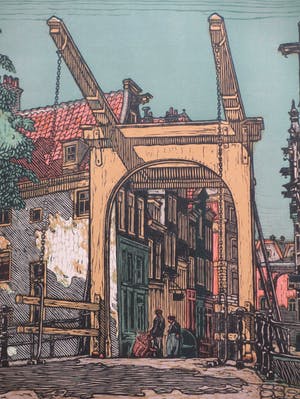 Wilm Wouters - Hollandse stad met ophaalbrug en figuren - Kleurenhoutsnede kopen? Bied vanaf 40!