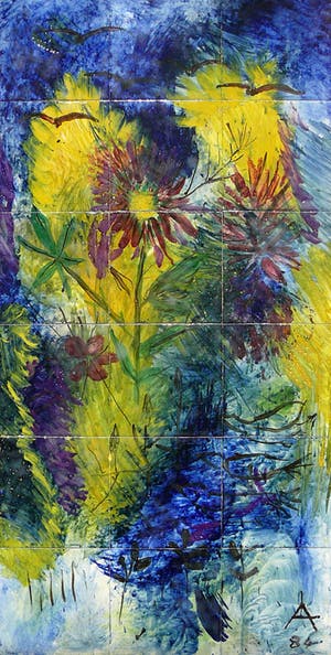 Niet of onleesbaar gesigneerd - Tegeltableau 'Wilde bloemen en vogels' -1984- kopen? Bied vanaf 10!