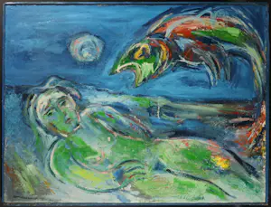 Niet of onleesbaar gesigneerd - Olieverf op doek, Figuur met vis - Ingelijst (Groot) kopen? Bied vanaf 1!