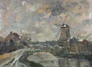 Niet of onleesbaar gesigneerd - Olieverf op doek, Hollands landschap met molen - Ingelijst kopen? Bied vanaf 1!