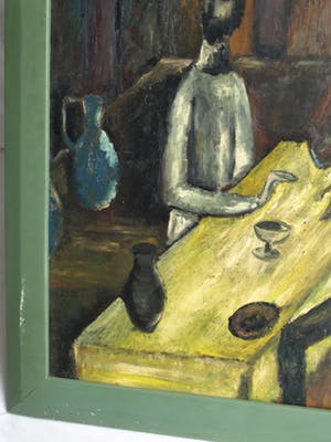 Niet of onleesbaar gesigneerd - Olieverf op board , “Aan de tafel” – gesigneerd & ingelijst kopen? Bied vanaf 10!