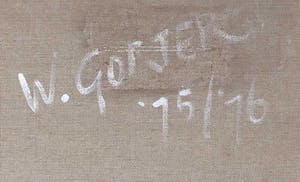 Willem Gorter - Acryl op doek, Dubbelgevouwen sportschoen in een vierkant geklemd kopen? Bied vanaf 70!