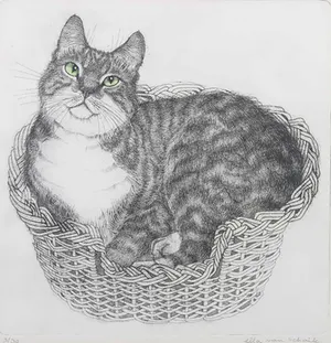 Ella van Schaik - Ets, Liggende poes in mand - Ingelijst kopen? Bied vanaf 1!