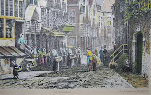 Petrus Gerardus Vertin - 19e eeuws straatje, mogelijk Haarlem - handgekleurde litho naar P.G. Vertin kopen? Bied vanaf 25!