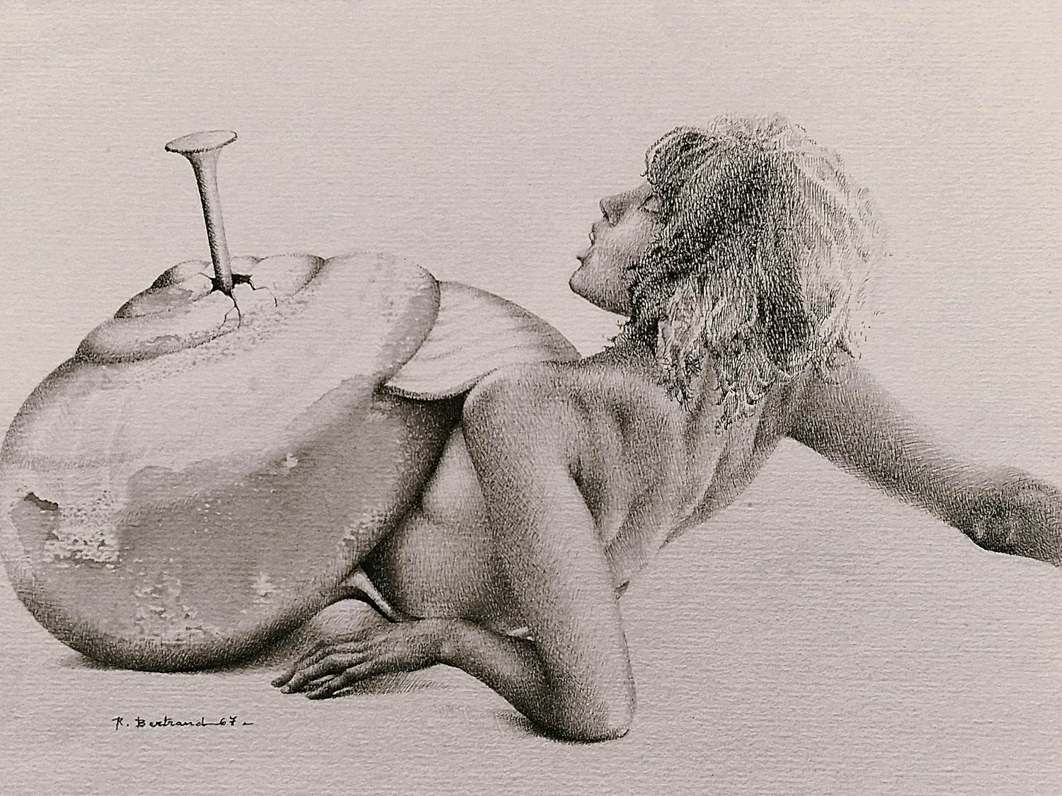 Raymond Bertrand - erg mooie (sur)realistische potlood/inkt tekening "vrouwelijk naakt slak" kopen? Bied vanaf 67!