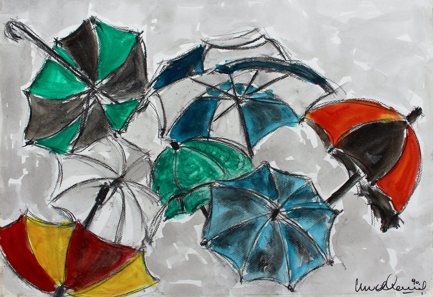 Niet of onleesbaar gesigneerd - aquarel - onduidelijk gesigneerd - 'Paraplu's' kopen? Bied vanaf 1!