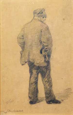 Johan Hendrik van Mastenbroek - houtskooltekening op bruin papier - mannelijk figuur verkocht voor € 385!